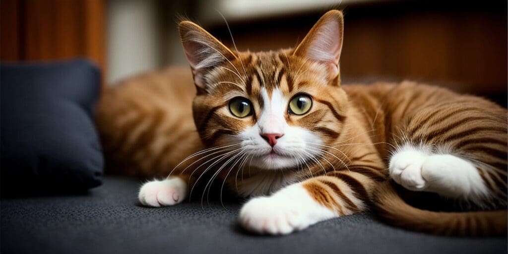 A ginger and white cat is lying on a gray couch. The cat has green eyes and is looking at the camera.