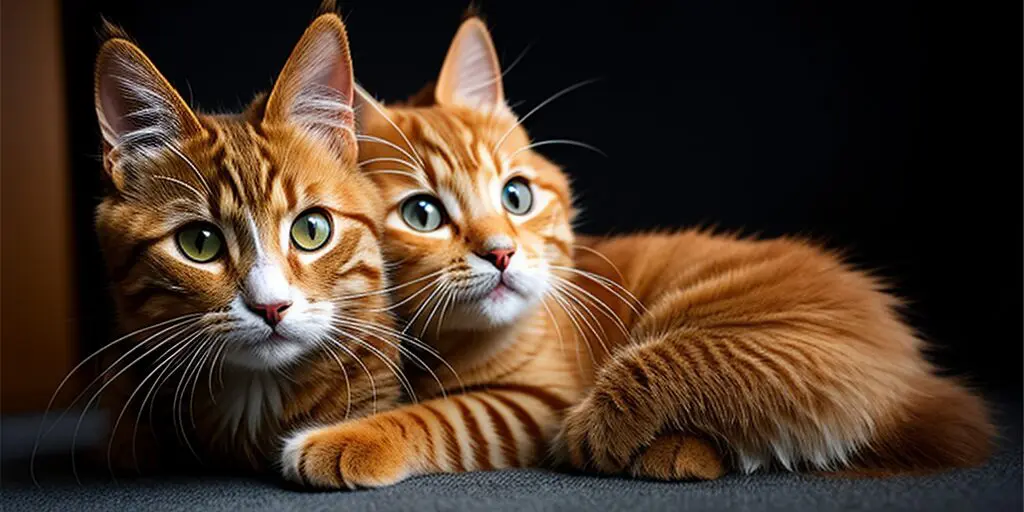 Two ginger cats are lying on a gray surface. The cat on the left is looking at the camera, while the cat on the right is looking away.