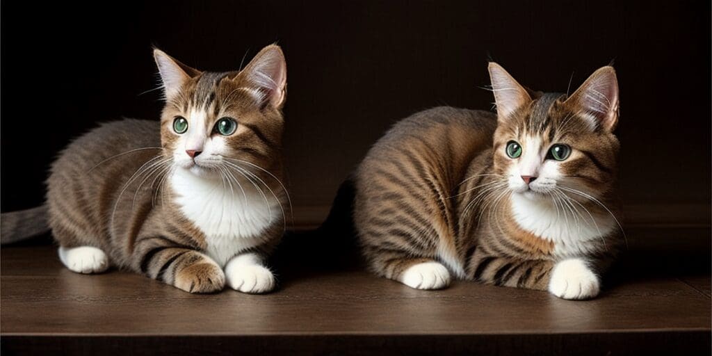 Two tabby cats with white paws and green eyes are sitting on a wooden table. The cat on the left has a more traditional tabby coat, while the cat on the right has a more unique coat with stripes.