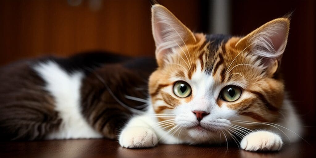 A ginger and white cat is lying on a wooden table. The cat has green eyes and is looking at the camera.