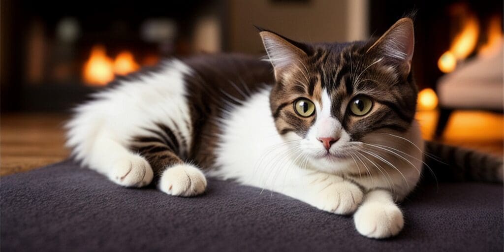 A cat is lying on a brown blanket in front of a fireplace. The cat is white and brown with green eyes. The fireplace is lit and there are flames visible.
