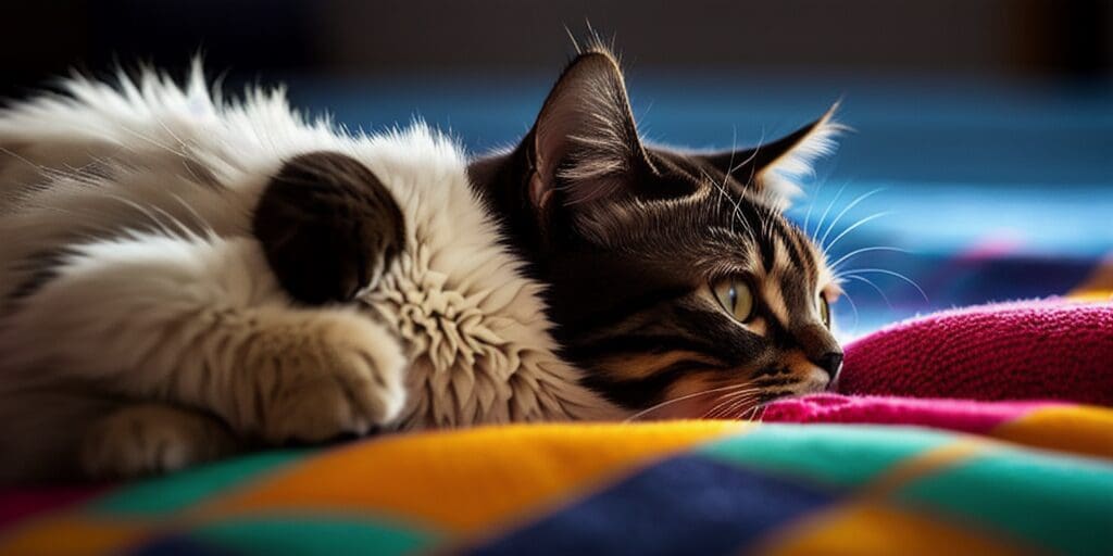 A close-up of a cat lying on a colorful blanket. The cat is brown and white, with green eyes and a pink nose. The blanket has a geometric pattern in bright colors.