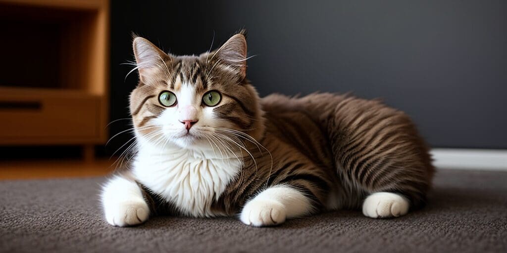 A brown and white cat with green eyes is lying on a brown carpet. The cat is looking at the camera.