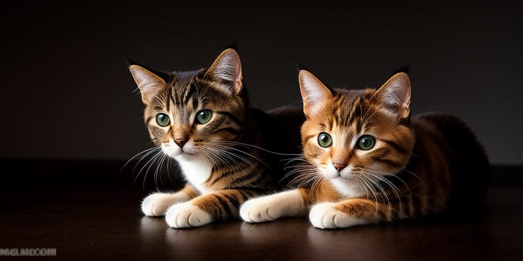 Two cats are sitting on a table. The cats are both looking at the camera. The cat on the left is brown and white, and the cat on the right is orange and white.
