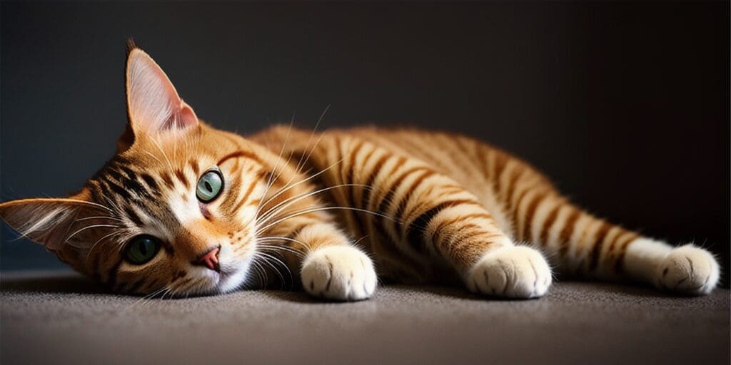 A ginger cat is lying on a gray surface. The cat has green eyes and white paws.