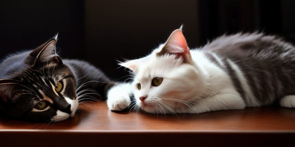 A black and a white cat are lying on a wooden table, looking in opposite directions.