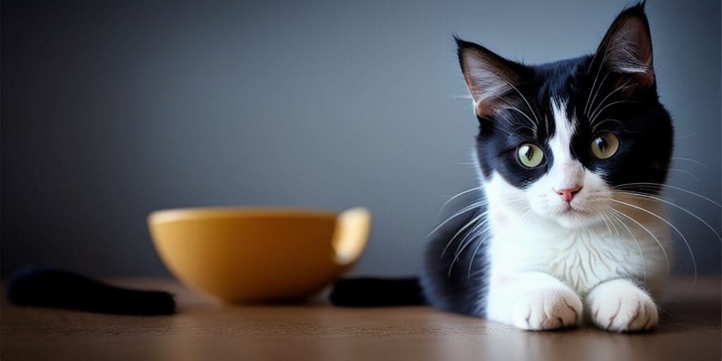 A black and white cat is sitting on a table next to an orange bowl. The cat is looking at the camera with its green eyes.