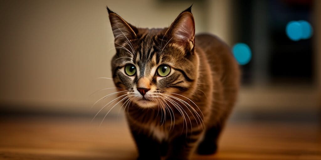 A brown tabby cat with green eyes is looking at the camera. The cat is in focus and the background is blurred.