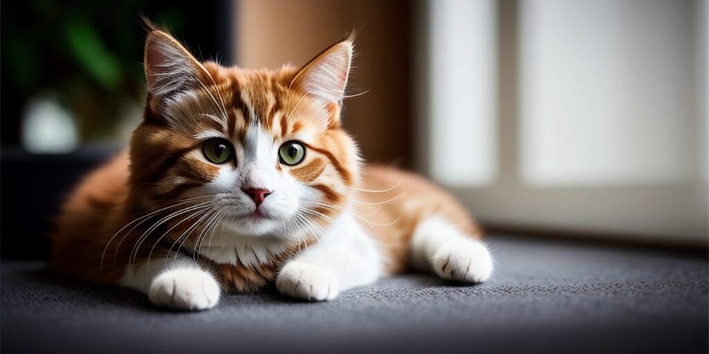 A ginger and white cat is lying on a gray carpet. The cat has green eyes and is looking at the camera.