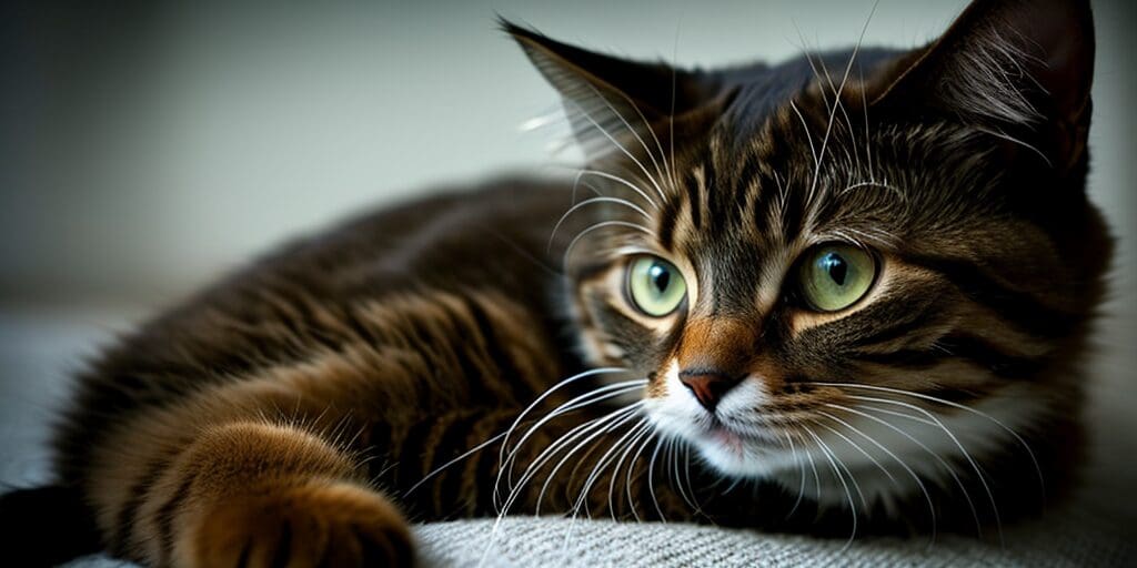 A close up of a brown tabby cat with green eyes, looking to the right.