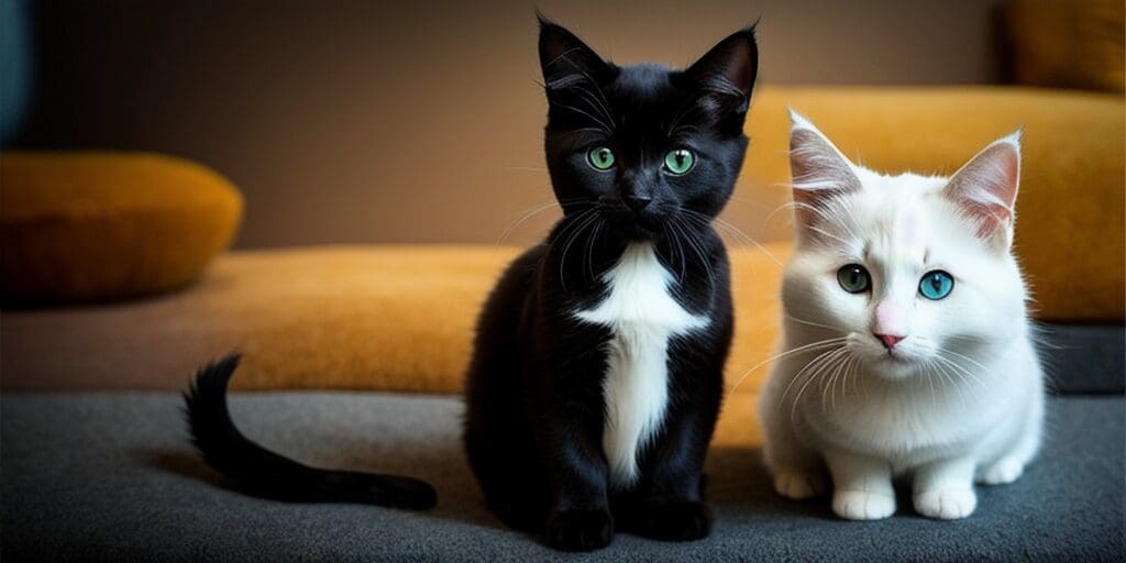 A black cat with green eyes and a white cat with blue eyes are sitting on a gray couch. The black cat has a white belly and paws, and the white cat has a pink nose.