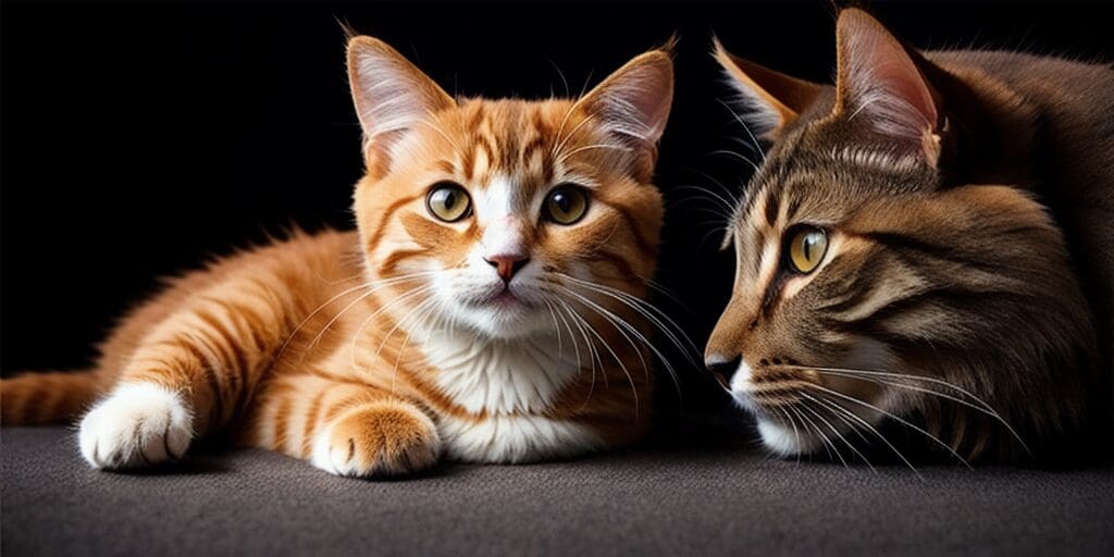 A ginger cat and a brown tabby cat are lying on a brown surface. The ginger cat is looking at the camera while the tabby cat is looking away.