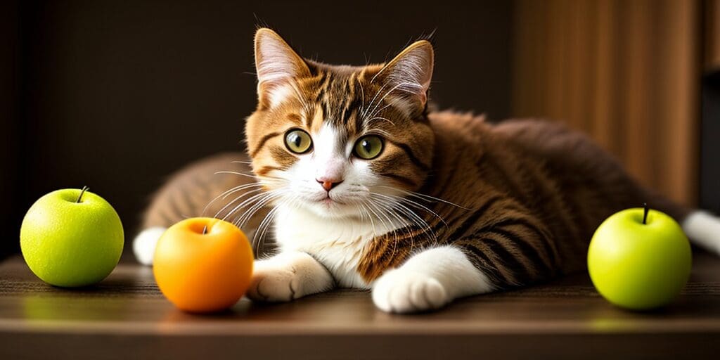 A ginger and white cat is sitting on a table between two green apples and one orange apple. The cat is looking at the orange apple.