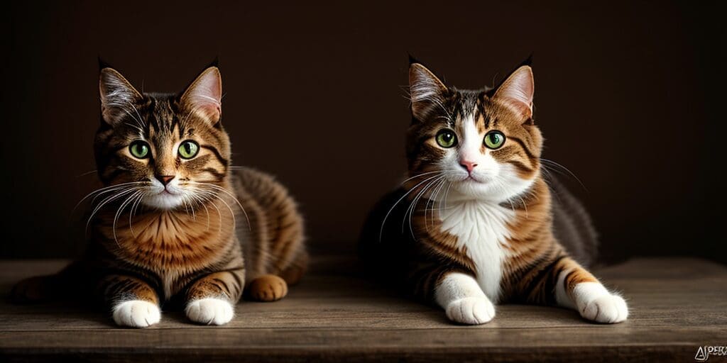 Two cats are sitting on a wooden table. The cats are both brown and white, and they are looking at the camera.