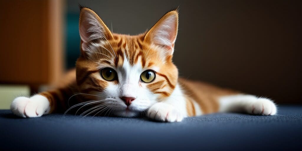 A ginger and white cat is lying on a blue blanket. The cat has its paws outstretched and is looking at the camera.