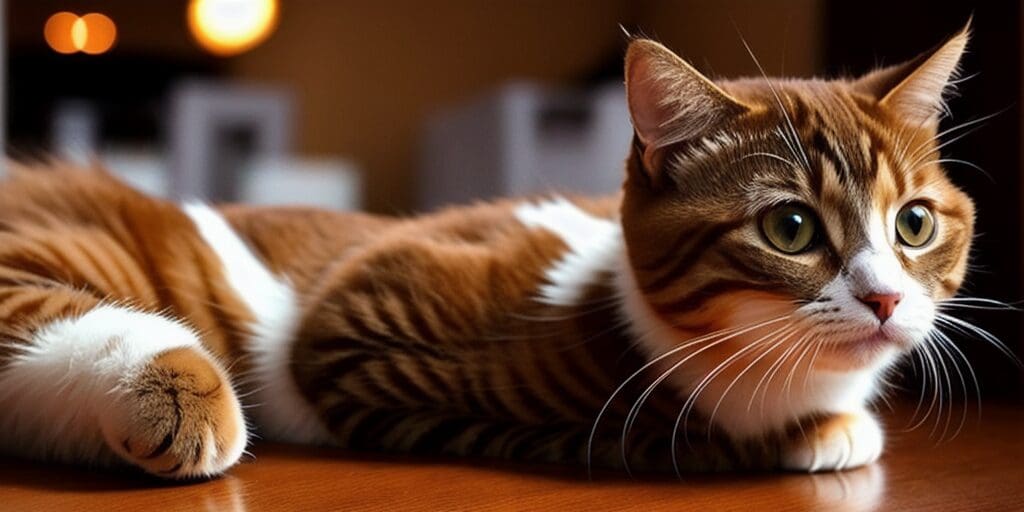 A ginger and white cat is lying on a wooden table. The cat has green eyes and is looking to the right of the frame. The background is blurry and there are two orange lights in the top left corner.