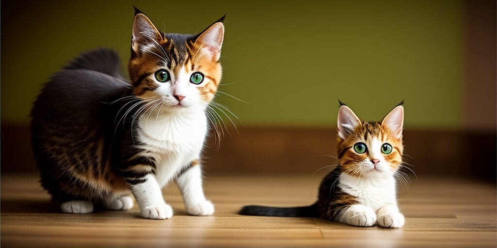 Two cats, one adult and one kitten, are sitting on a wooden floor in front of a green wall. The cats are both looking at the camera.