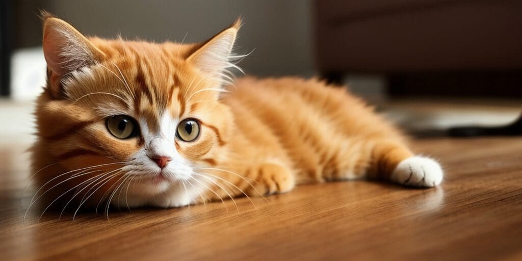 A ginger cat is lying on the wooden floor and looking at the camera. The cat has white paws and a white belly. Its eyes are green and its fur is fluffy.