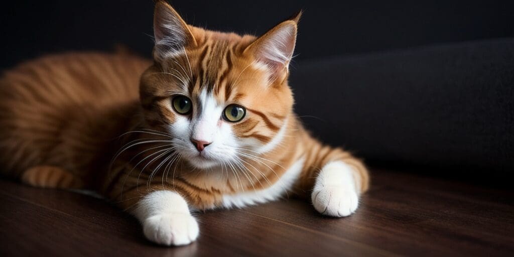 A ginger and white cat is lying on a wooden floor. The cat has its front paws outstretched and is looking at the camera.