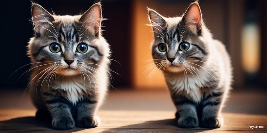 Two cute tabby kittens with big green eyes are sitting on a wooden table looking at the camera.