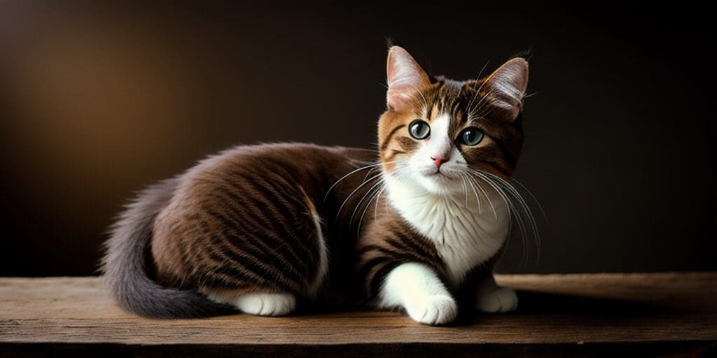 A munchkin cat with wide blue eyes and a white belly is sitting on a wooden table. The cat has brown tabby fur with dark stripes.