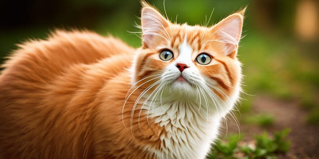 A ginger cat with white paws and a white belly is sitting in the grass and looking up at something.