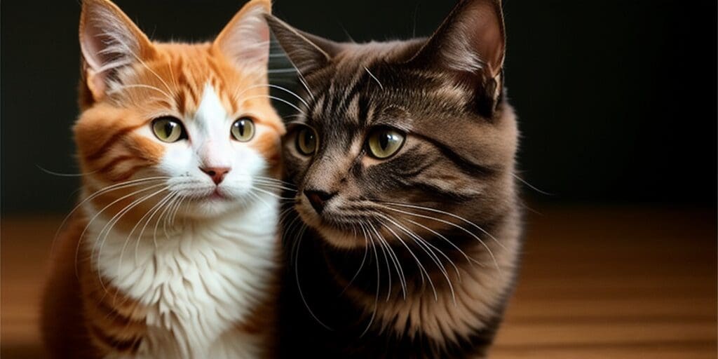 A ginger cat and a brown tabby cat are sitting side by side, looking at the camera with curious expressions.