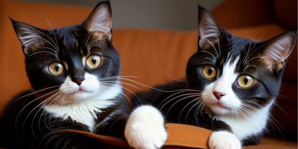 A close-up of two cats sitting on a brown leather couch. The cats are both black and white, and they are looking at the camera.