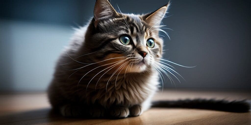 A close up of a fluffy tabby cat with wide green eyes, looking off to the side.