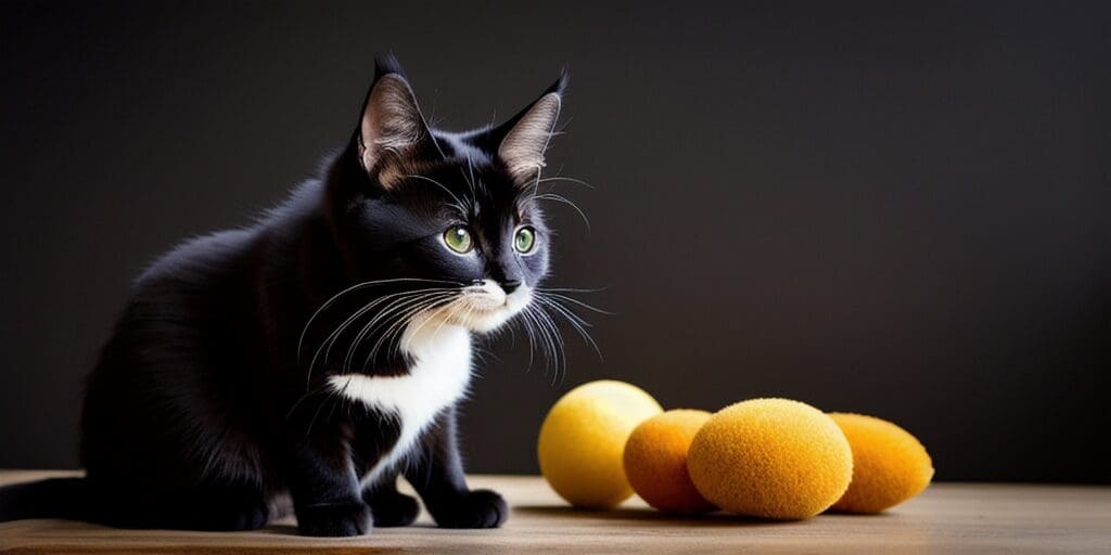 A black cat with white paws and a white belly is sitting on a wooden table. There are four yellow balls next to it. The cat is looking away from the balls.