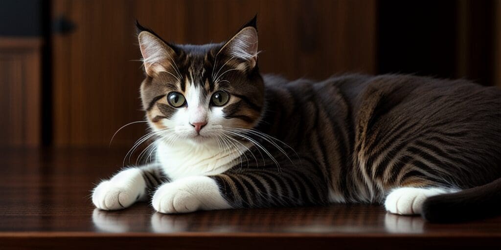 A brown tabby cat with white paws and a white belly is lying on a wooden table. The cat has green eyes and is looking at the camera.