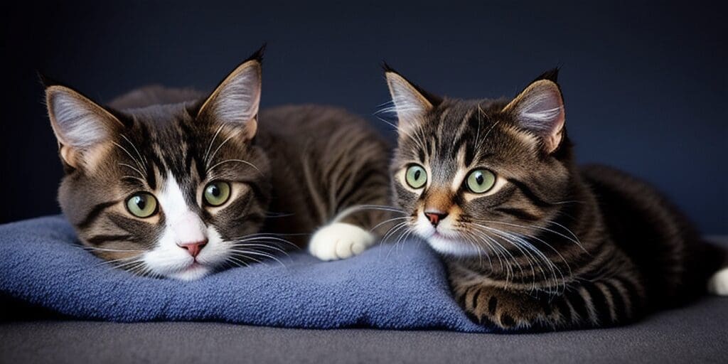 Two cats are lying on a blue blanket. The cat on the left is looking at the camera, while the cat on the right is looking away.