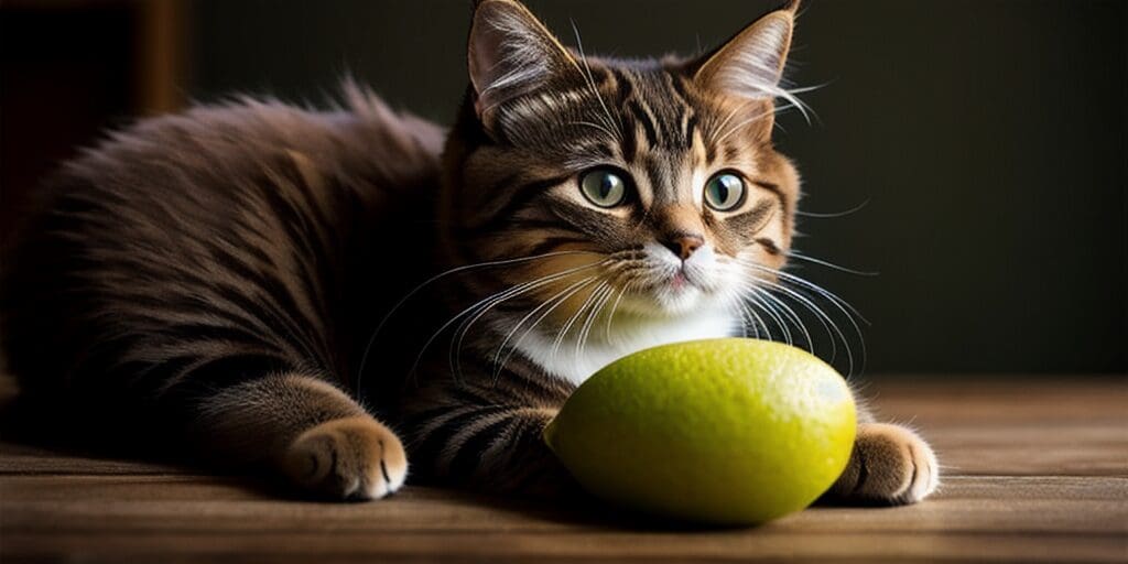 A brown tabby cat is lying on a wooden table next to a green lemon. The cat is looking at the lemon with wide eyes.