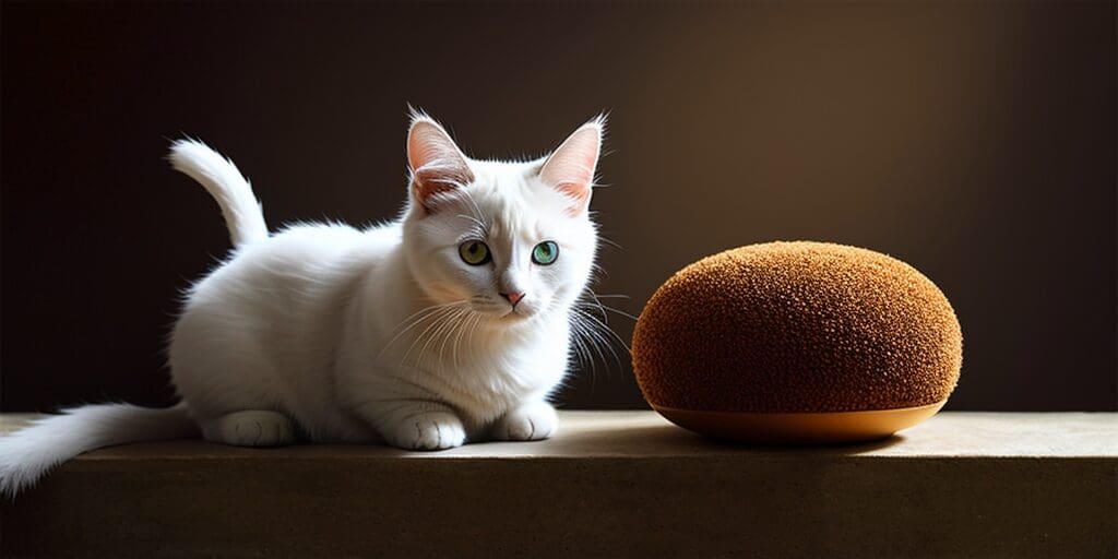 A white cat with green eyes is sitting next to a brown ball on a table. The cat has a long tail and is looking at the ball.