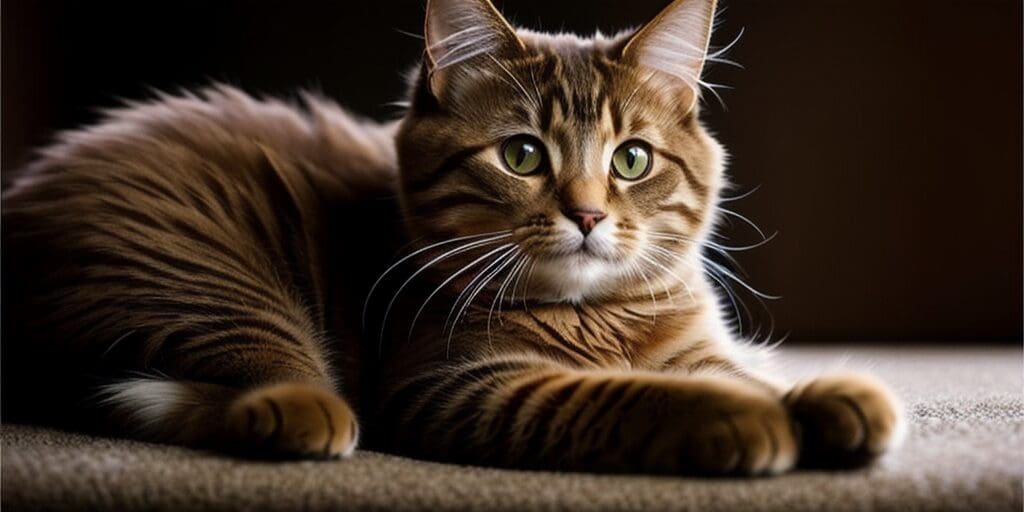 A brown tabby cat is lying on a brown carpet. The cat has green eyes and is looking to the right.