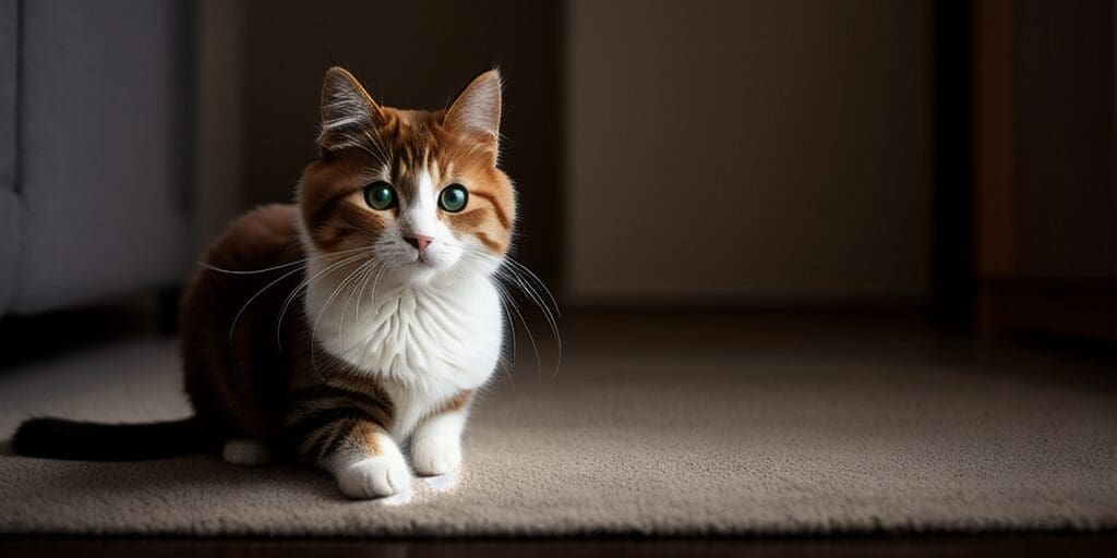 A ginger and white cat is sitting on the floor, looking at the camera with wide green eyes. The cat is in a dark room, but the light is shining on its face. The cat's fur is short and well-groomed, and its tail is curled around its feet. The cat is sitting in a relaxed position, and it looks like it is enjoying the attention.