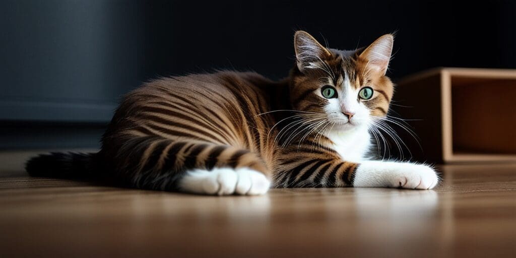 A brown and white cat with green eyes is lying on the floor. The cat has a unique coat pattern that resembles tiger stripes.