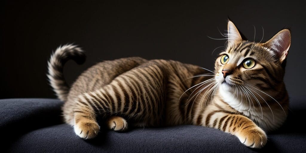 A brown tabby cat with green eyes is lying on a black couch. The cat is looking up and to the right.