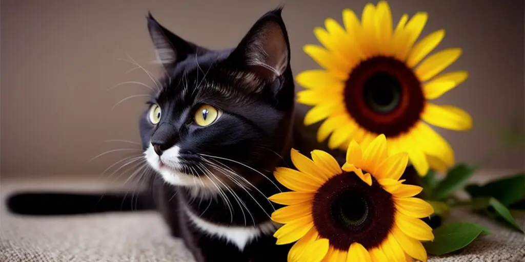 A black cat with white paws and a white belly is sitting next to a bouquet of sunflowers. The cat is looking away from the camera, towards the sunflowers.