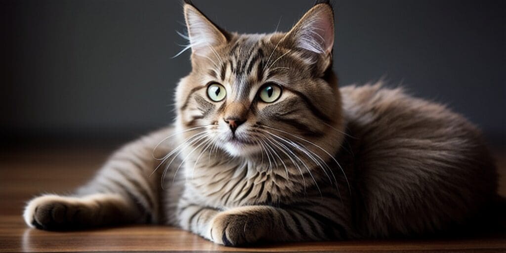 A close up of a fluffy tabby cat with green eyes, looking off to the side.