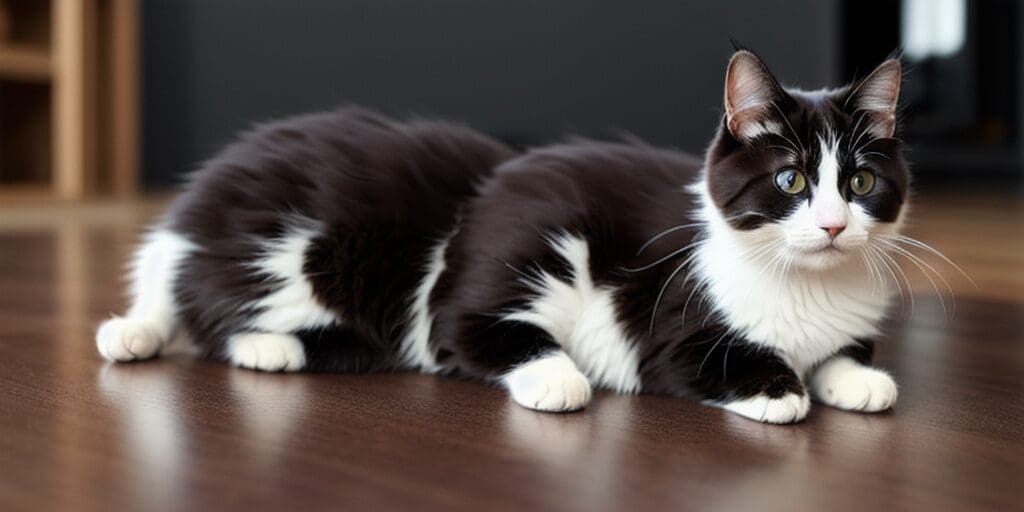 A black and white cat is lying on the floor looking off to the side.
