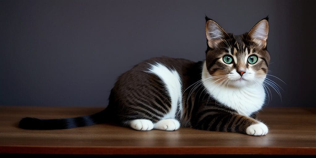 A brown and white cat with green eyes is sitting on a wooden table. The cat has a white belly and paws, and a black tail.