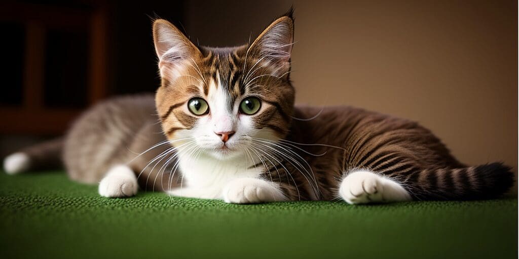A close-up of a tabby cat with white paws and green eyes, lying on a green carpet and looking at the camera.