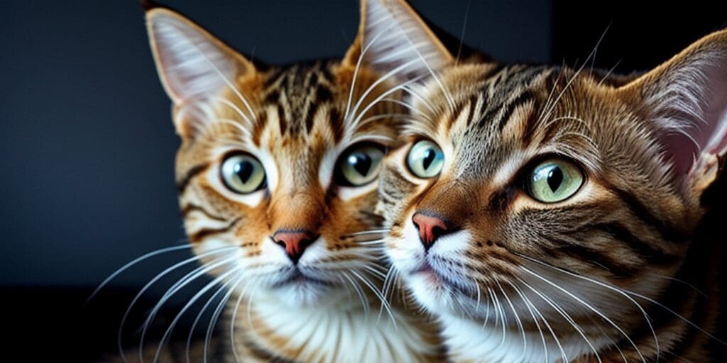 A close-up of two cats looking at something off-camera. The cats are both brown tabby cats with green eyes.