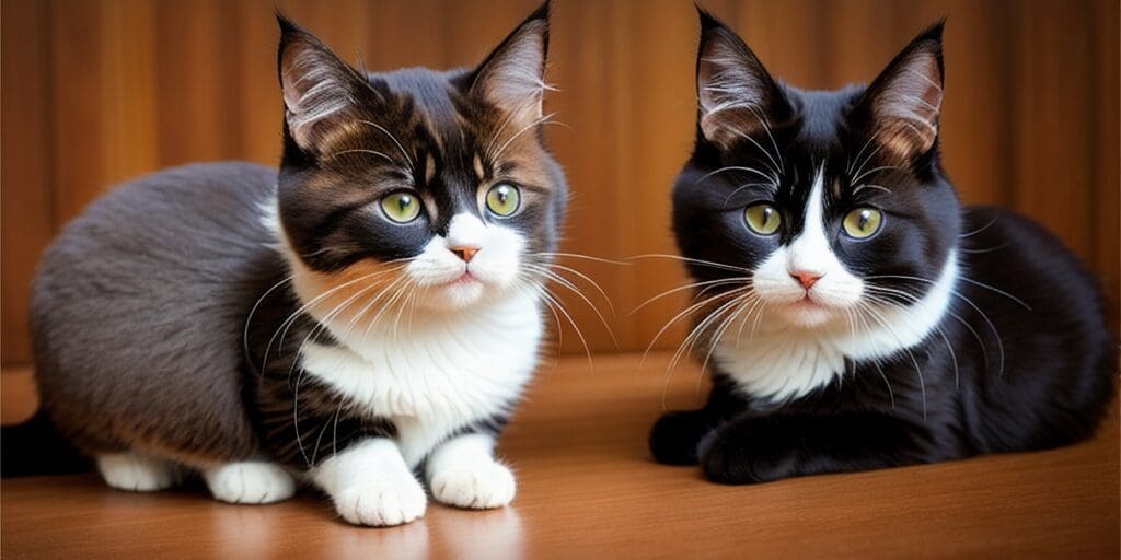 Two cats are sitting on a wooden table. The cat on the left is brown and white, while the cat on the right is black and white.