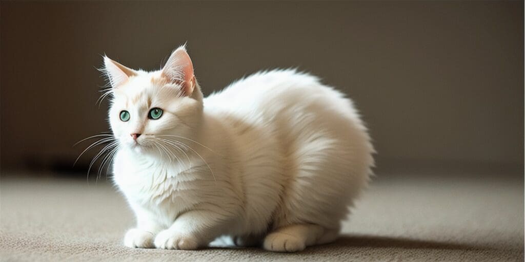 A white cat with green eyes is sitting on the ground and looking to the left. The cat is fluffy and has a long tail.