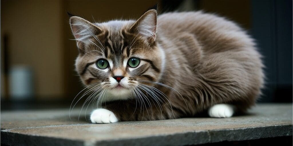 A close up of a fluffy brown tabby cat with green eyes, looking at the camera with its paws resting in front of it.
