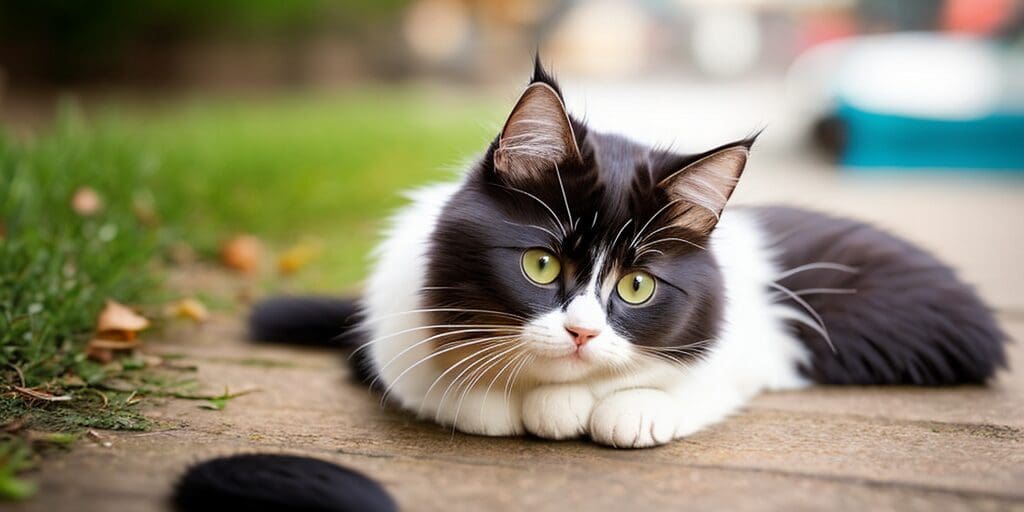 A black and white cat with green eyes is lying on the ground outside. The cat is looking at the camera.