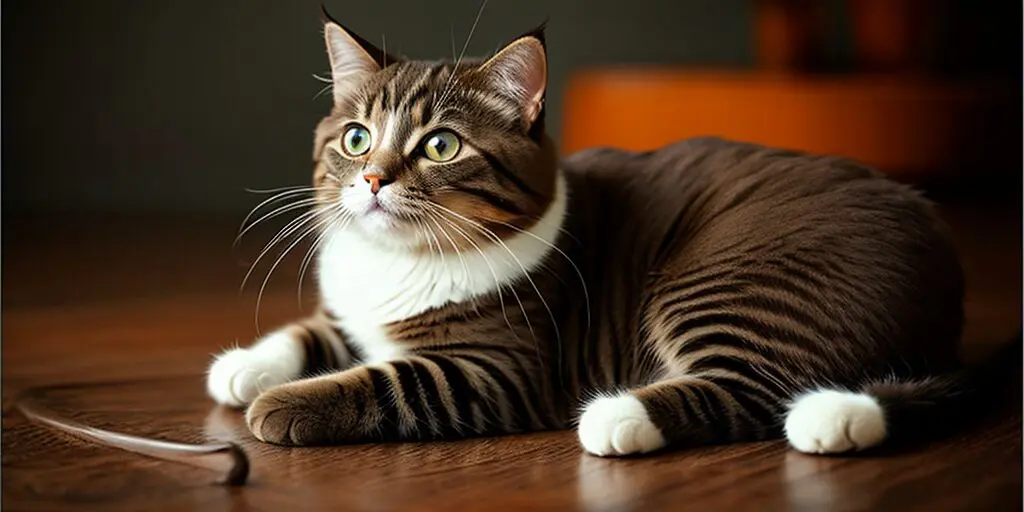 A brown tabby cat with white paws and a white belly is lying on the floor, looking up at something. The cat has green eyes and a pink nose.
