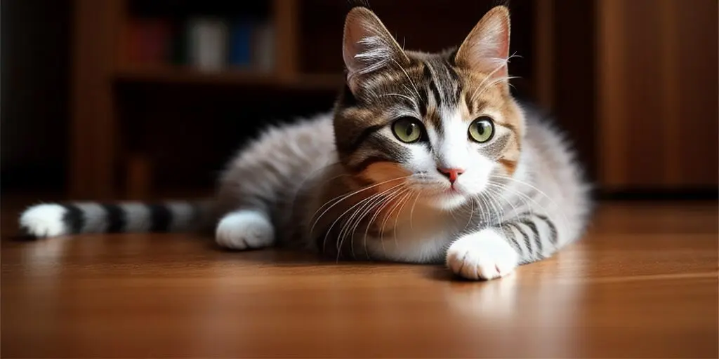 A cat is lying on the floor looking at the camera. The cat is brown, white, and gray with green eyes. The cat is in a bright room with a blurry background.